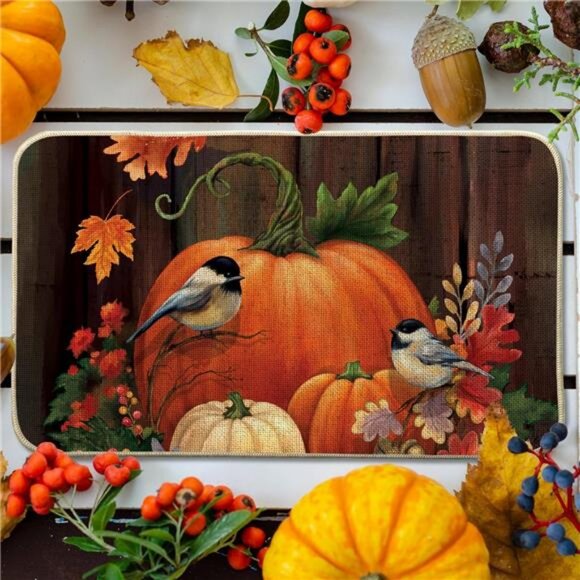 Fall Pumpkin Front Door Mat Indoor Outdoor Entrance 17x29, Autumn Maple Leaves - Picture 4 of 7